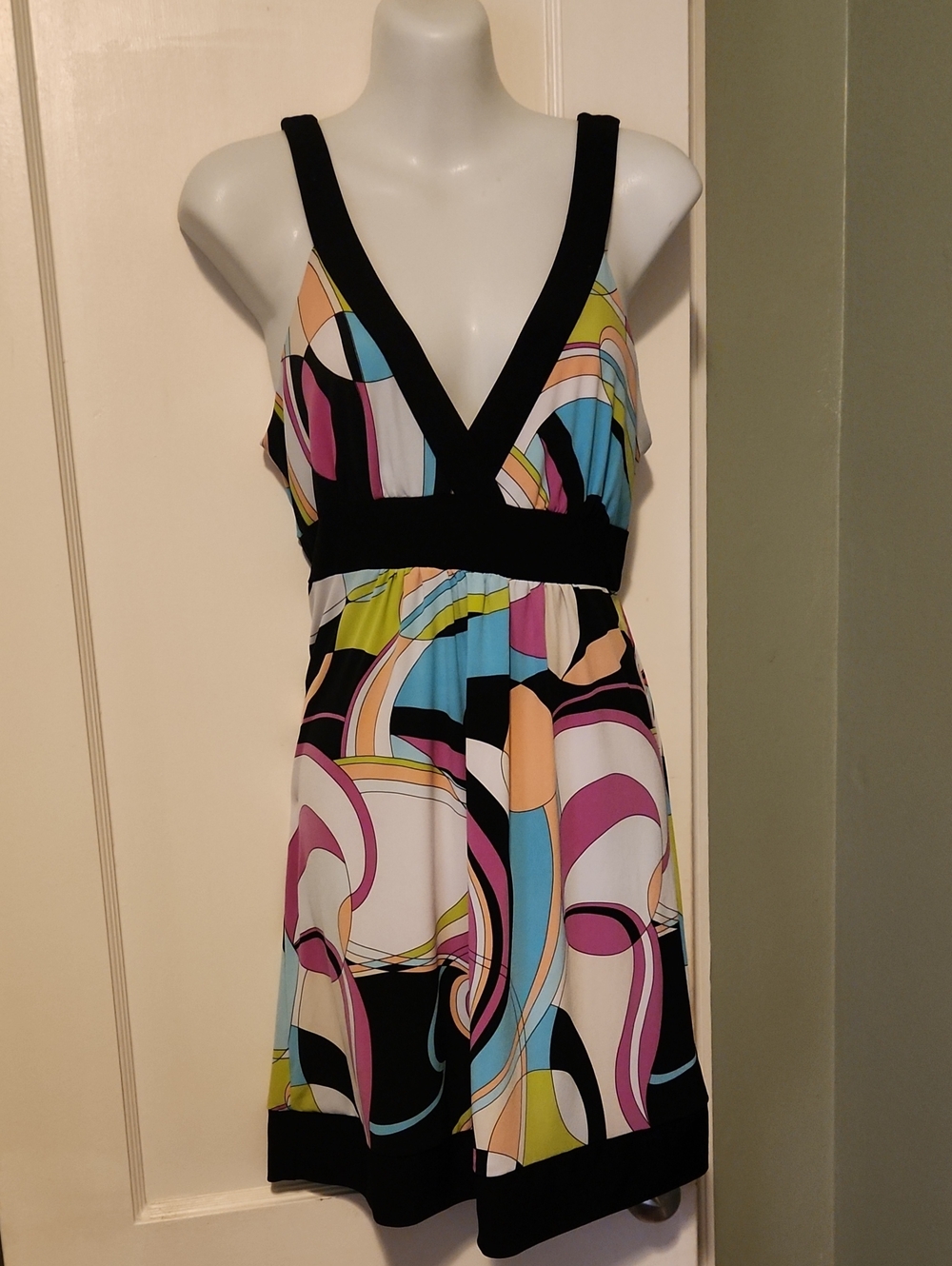 Blush Multicolor Abstract Print Mini Dress with Black Trim